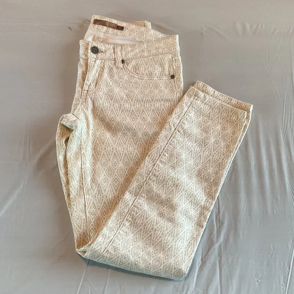 Prana Womens Beige Geometric Patterned Denim Pants Sz 2 waist 26 Cotton Blend